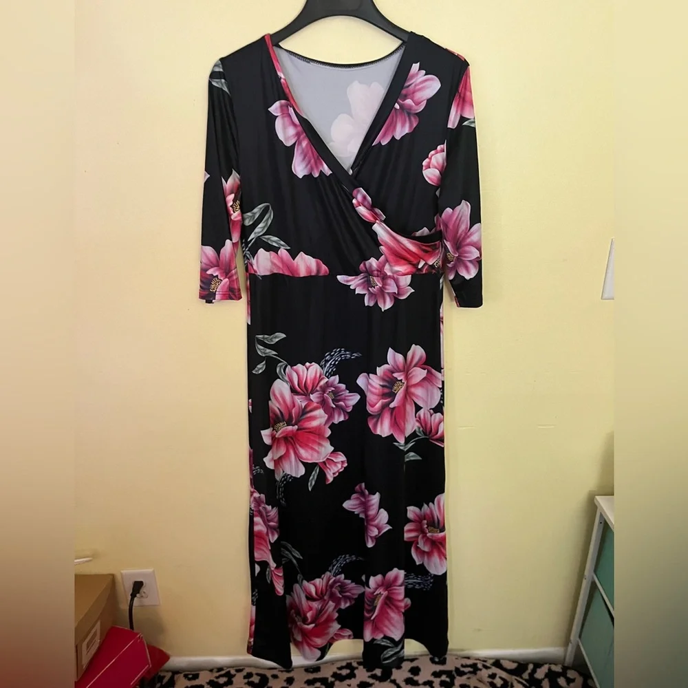 Floral Faux Wrap Dress with Pink Flowers XL - Picture 2 of 5
